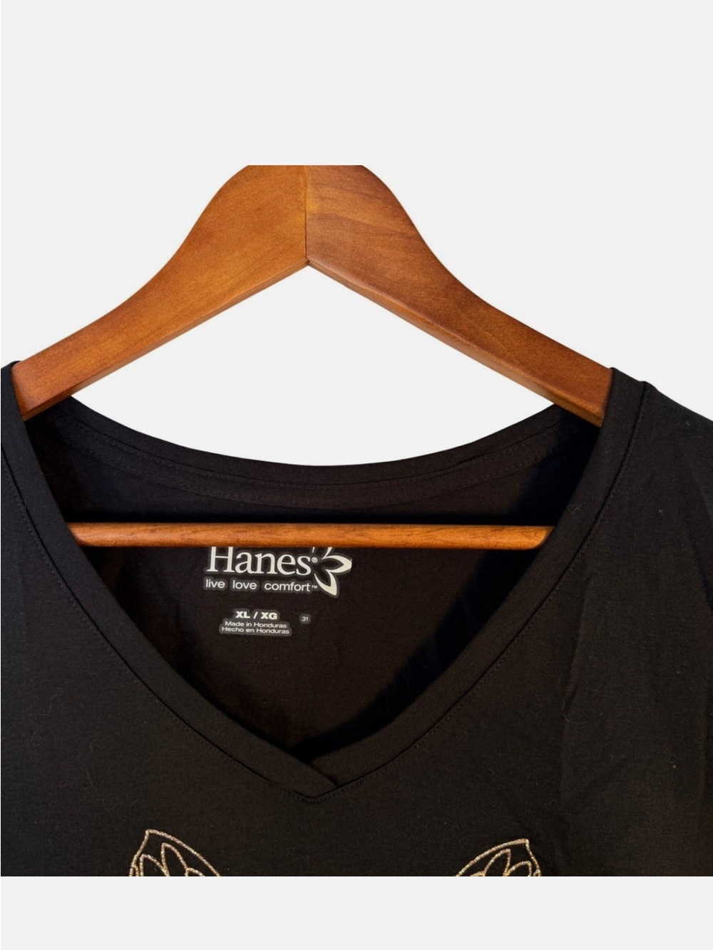 Hanes Black V-Neck T-Shirt with Gold Owl Graphic like new - Picture 3 of 6